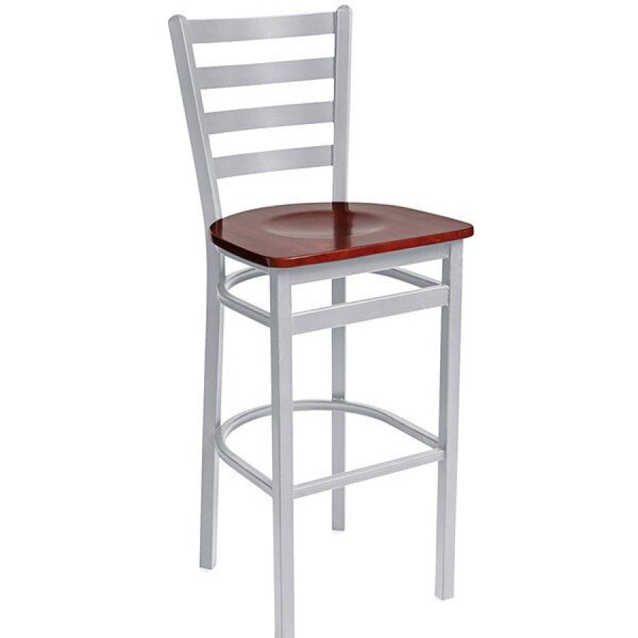 Restaurant Bar Stools * | Promo Bfm Seating 2160Bmhw-Sm Lima Silver Mist Steel Bar Height Chair With Mahogany Wooden Seat