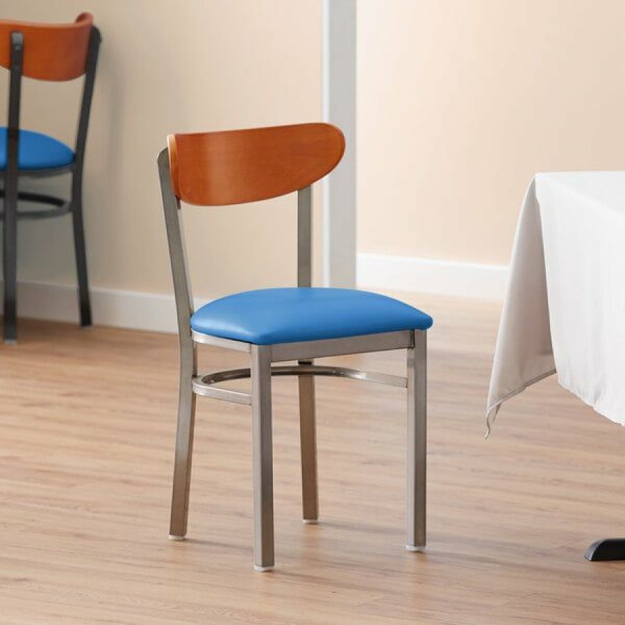 Restaurant Chairs * | Budget Lt&S Boomerang Series Lancaster Table & Seating Boomerang Clear Coat Chair With Blue Vinyl Seat And Cherry Back