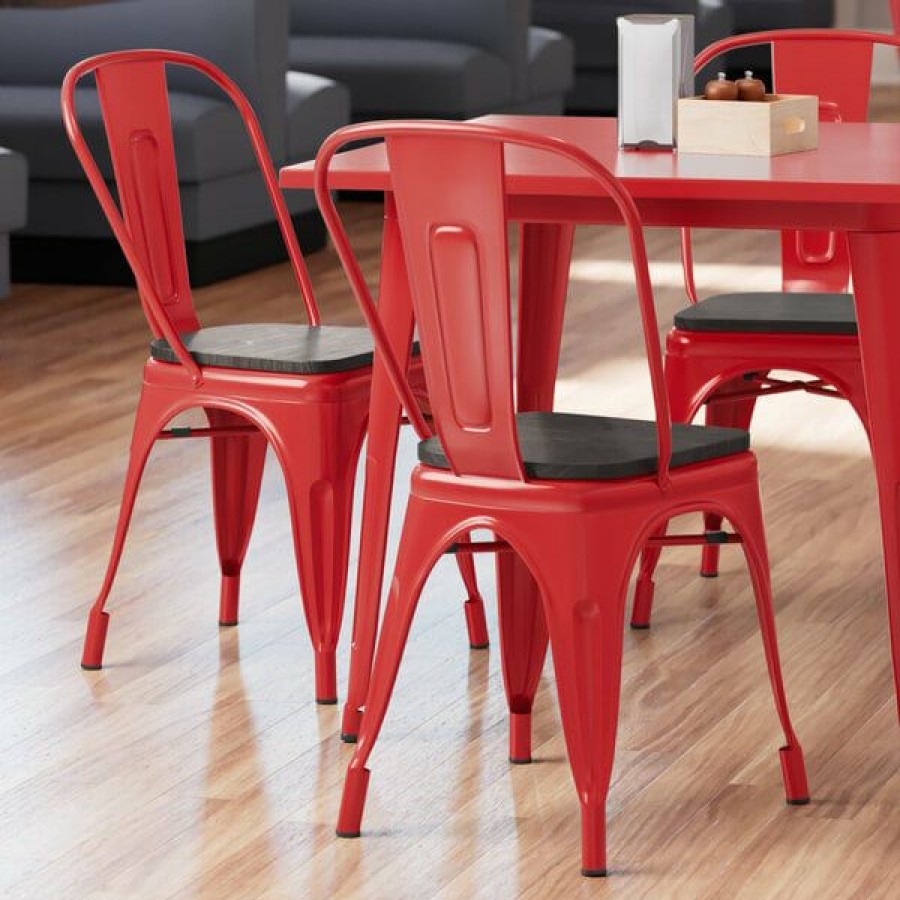 Restaurant Chairs * | Best Deal Lt&S Alloy Series Lancaster Table & Seating Alloy Series Red Metal Indoor Industrial Cafe Chair With Vertical Slat Back And Black Wood Seat