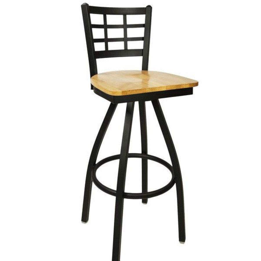 Restaurant Bar Stools * | Cheapest Bfm Seating 2163Sntw-Sb Marietta Sand Black Metal Swivel Bar Height Chair With Natural Wood Seat