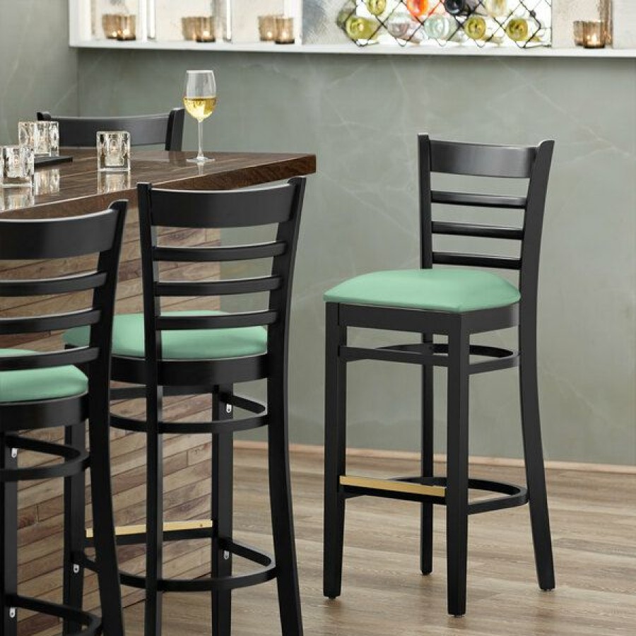 Restaurant Bar Stools * | Hot Sale Lancaster Table & Seating Black Finish Wooden Ladder Back Bar Height Chair With Seafoam Padded Seat