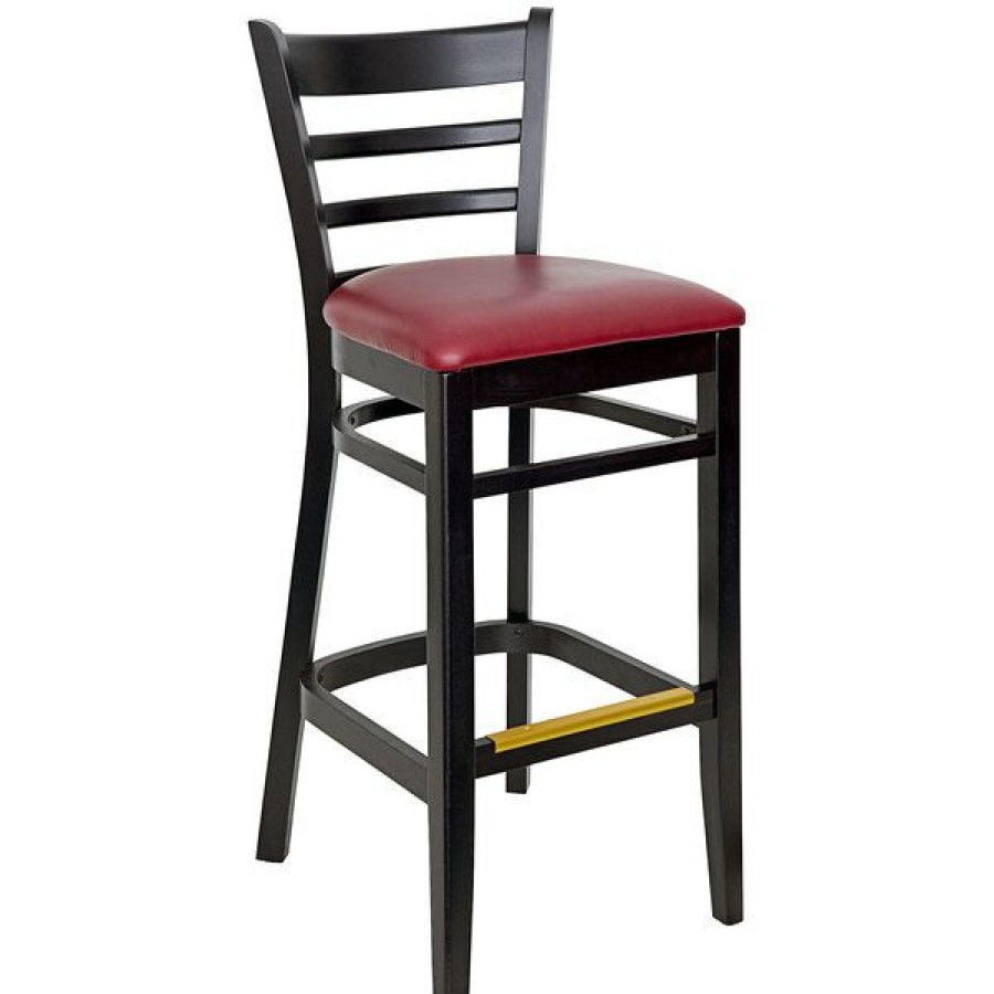 Restaurant Bar Stools * | Cheap Bfm Seating Berkeley Black Beechwood Ladder Back Barstool With 2 Burgundy Vinyl Seat