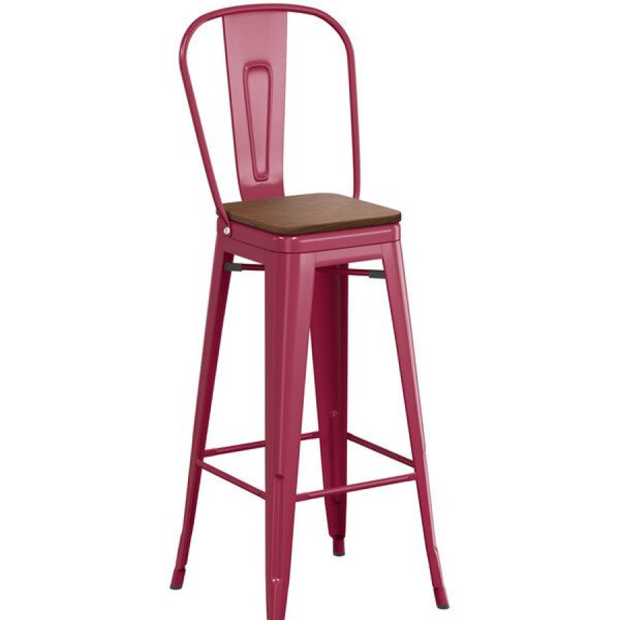 Restaurant Bar Stools * | Budget Lt&S Alloy Series Lancaster Table & Seating Alloy Series Sangria Metal Indoor Industrial Cafe Bar Height Stool With Vertical Slat Back And Walnut Wood Seat