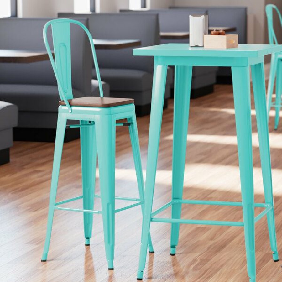 Restaurant Bar Stools * | Flash Sale Lt&S Alloy Series Lancaster Table & Seating Alloy Series Seafoam Metal Indoor Industrial Cafe Bar Height Stool With Vertical Slat Back And Walnut Wood Seat