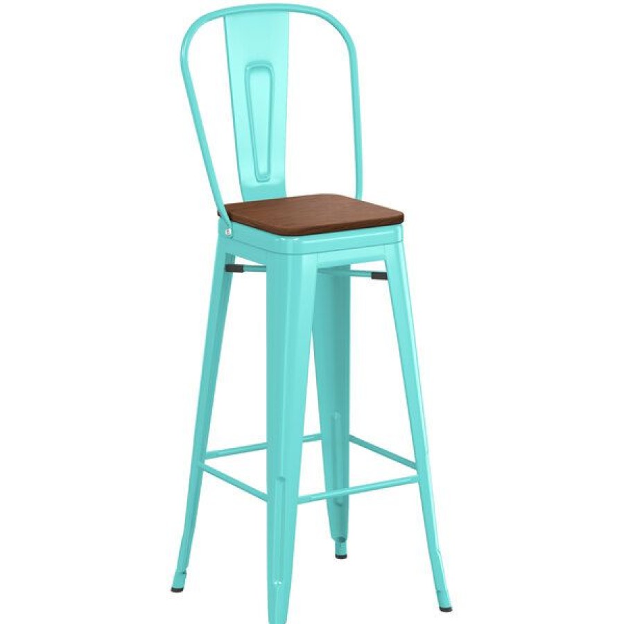 Restaurant Bar Stools * | Flash Sale Lt&S Alloy Series Lancaster Table & Seating Alloy Series Seafoam Metal Indoor Industrial Cafe Bar Height Stool With Vertical Slat Back And Walnut Wood Seat