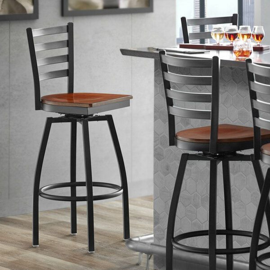 Restaurant Bar Stools * | Promo Lancaster Table & Seating Black Top Frame Ladder Back Swivel Bar Height Chair With Antique Walnut Wood Seat