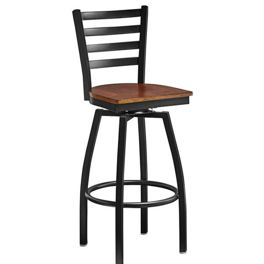 Restaurant Bar Stools * | Promo Lancaster Table & Seating Black Top Frame Ladder Back Swivel Bar Height Chair With Antique Walnut Wood Seat