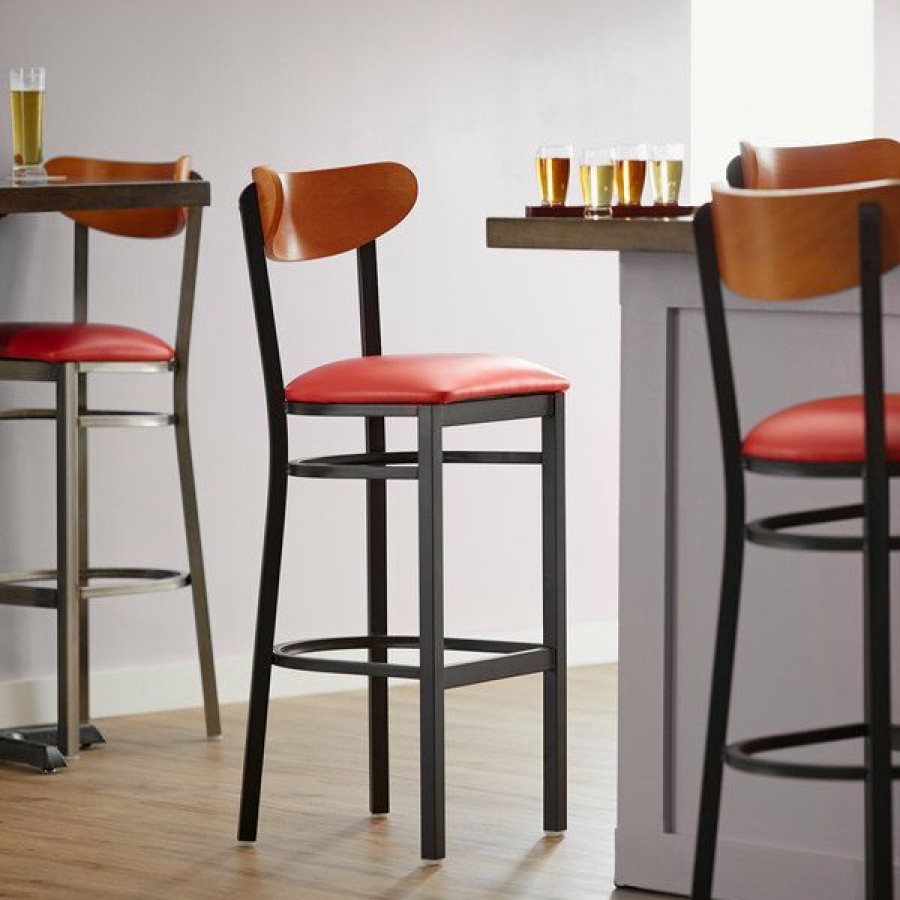 Restaurant Bar Stools * | New Lt&S Boomerang Series Lancaster Table & Seating Boomerang Bar Height Black Chair With Red Vinyl Seat And Cherry Back