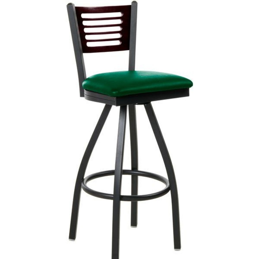 Restaurant Bar Stools * | Cheap Bfm Seating 2151Sgnv-Mhsb Espy Sand Black Metal Bar Height Chair With Mahogany Wooden Back And 2 Green Vinyl Swivel Seat