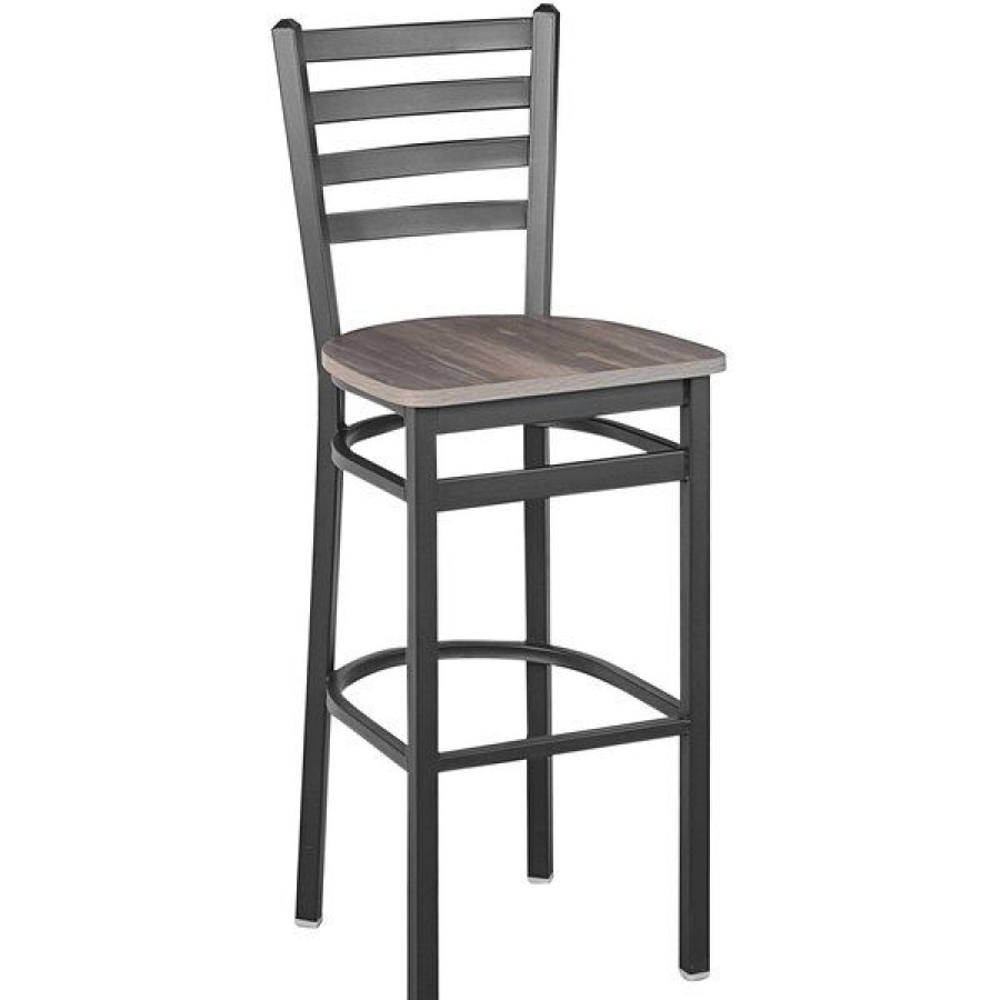 Restaurant Bar Stools * | Best Deal Bfm Seating Lima Sand Black Steel Ladder Back Barstool With Relic Chestnut Seat