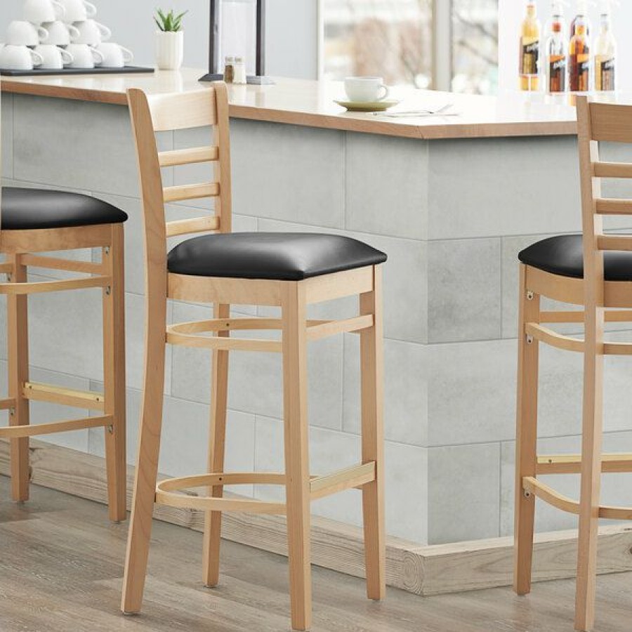 Restaurant Bar Stools * | Discount Lancaster Table & Seating Natural Ladder Back Bar Height Chair With Black Padded Seat