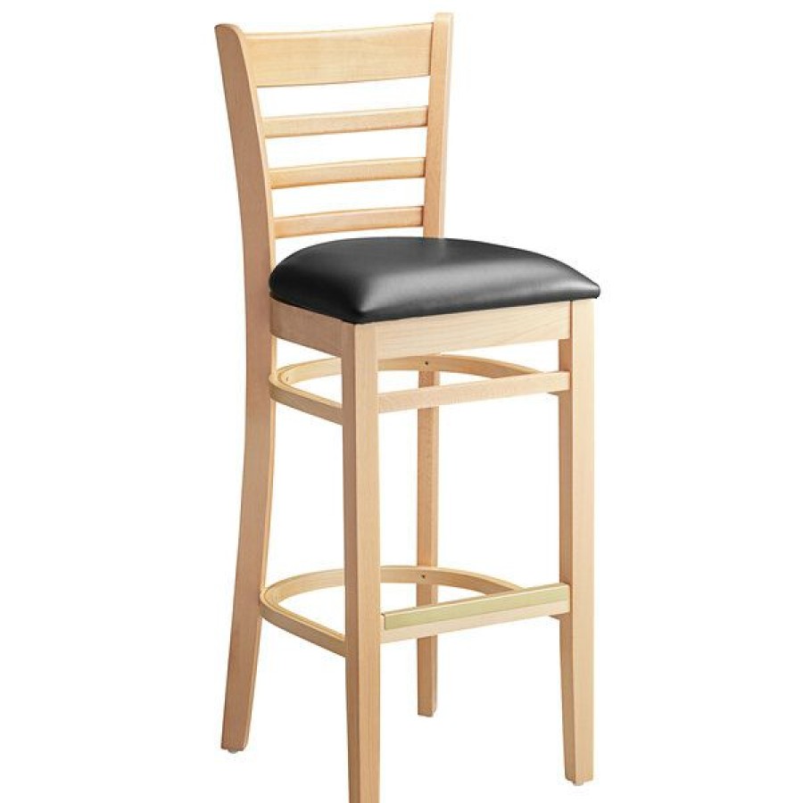 Restaurant Bar Stools * | Discount Lancaster Table & Seating Natural Ladder Back Bar Height Chair With Black Padded Seat