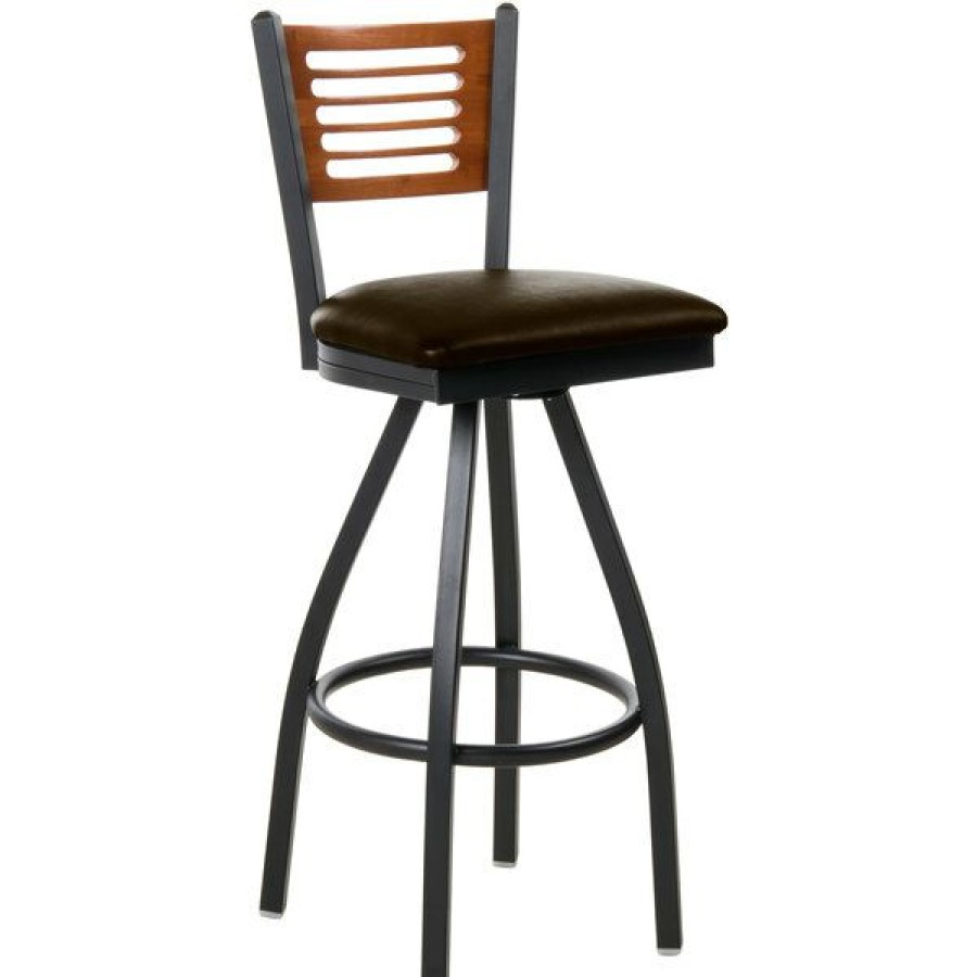 Restaurant Bar Stools * | Flash Sale Bfm Seating 2151Sdbv-Chsb Espy Sand Black Metal Bar Height Chair With Cherry Wooden Back And 2 Dark Brown Vinyl Swivel Seat