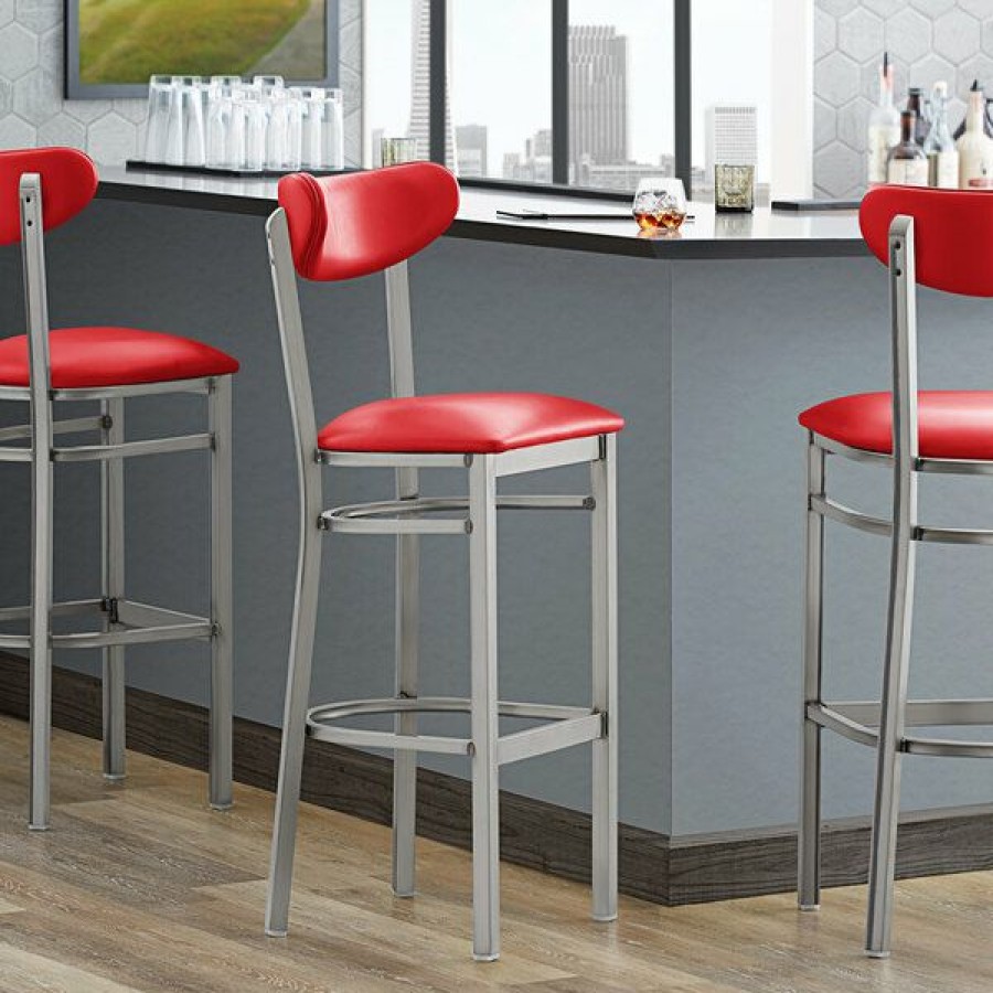 Restaurant Bar Stools * | Coupon Lt&S Boomerang Series Lancaster Table & Seating Boomerang Bar Height Clear Coat Chair With Red Vinyl Seat And Back