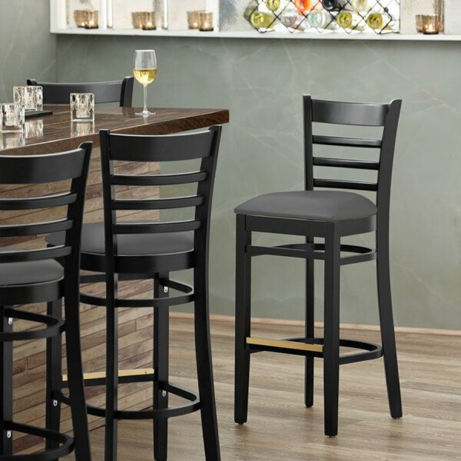 Restaurant Bar Stools * | Hot Sale Lancaster Table & Seating Black Finish Wooden Ladder Back Bar Height Chair With Dark Gray Padded Seat