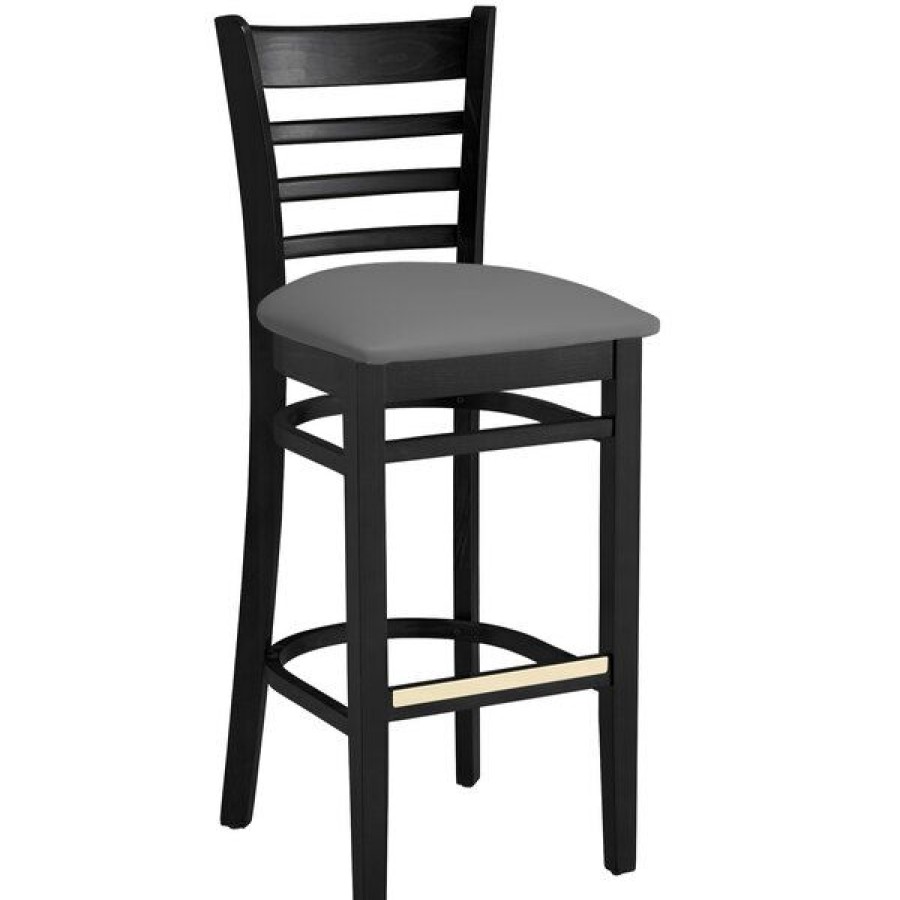 Restaurant Bar Stools * | Hot Sale Lancaster Table & Seating Black Finish Wooden Ladder Back Bar Height Chair With Dark Gray Padded Seat