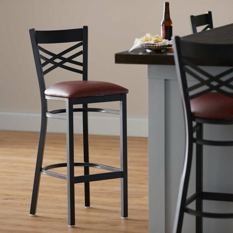 Restaurant Bar Stools * | Best Deal Lancaster Table & Seating Cross Back Bar Height Black Chair With Burgundy Vinyl Seat