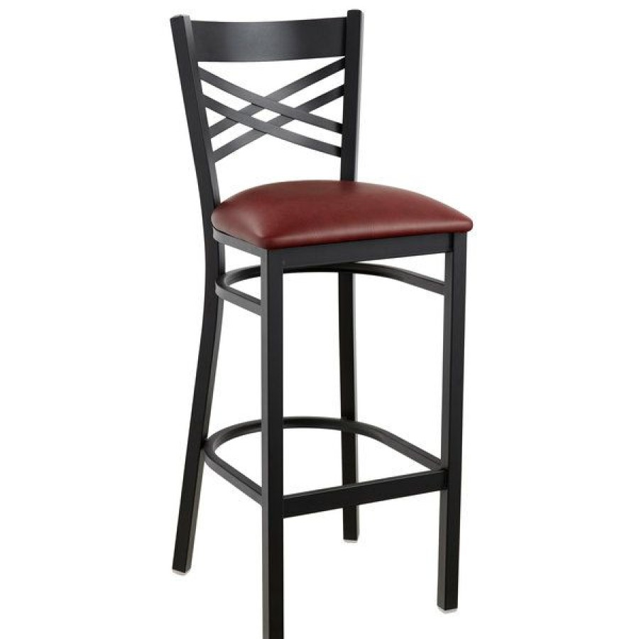 Restaurant Bar Stools * | Best Deal Lancaster Table & Seating Cross Back Bar Height Black Chair With Burgundy Vinyl Seat