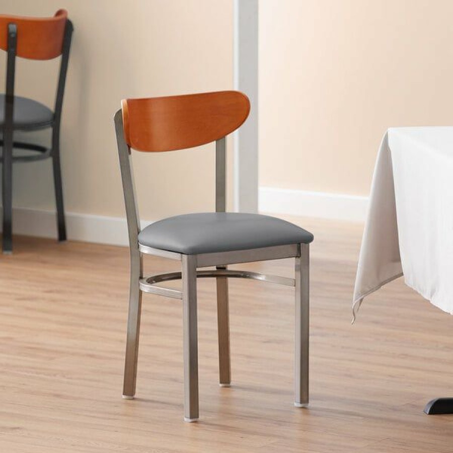 Restaurant Chairs * | Hot Sale Lt&S Boomerang Series Lancaster Table & Seating Boomerang Clear Coat Chair With Dark Gray Vinyl Seat And Cherry Back