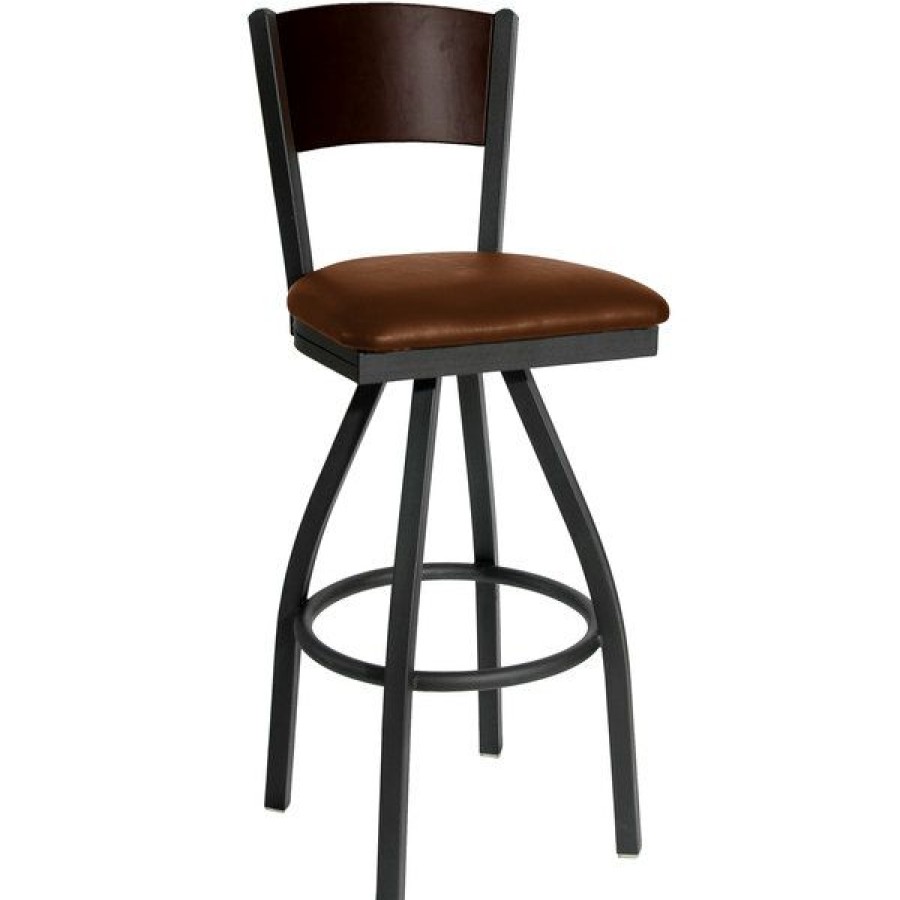 Restaurant Bar Stools * | Hot Sale Bfm Seating 2150Slbv-Wasb Dale Sand Black Metal Swivel Bar Height Chair With Walnut Finish Wooden Back And 2 Light Brown Vinyl Seat