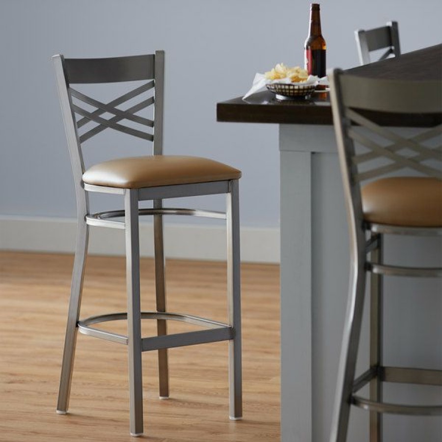 Restaurant Bar Stools * | Discount Lancaster Table & Seating Clear Coat Steel Cross Back Bar Height Chair With 2 1/2 Light Brown Vinyl Seat