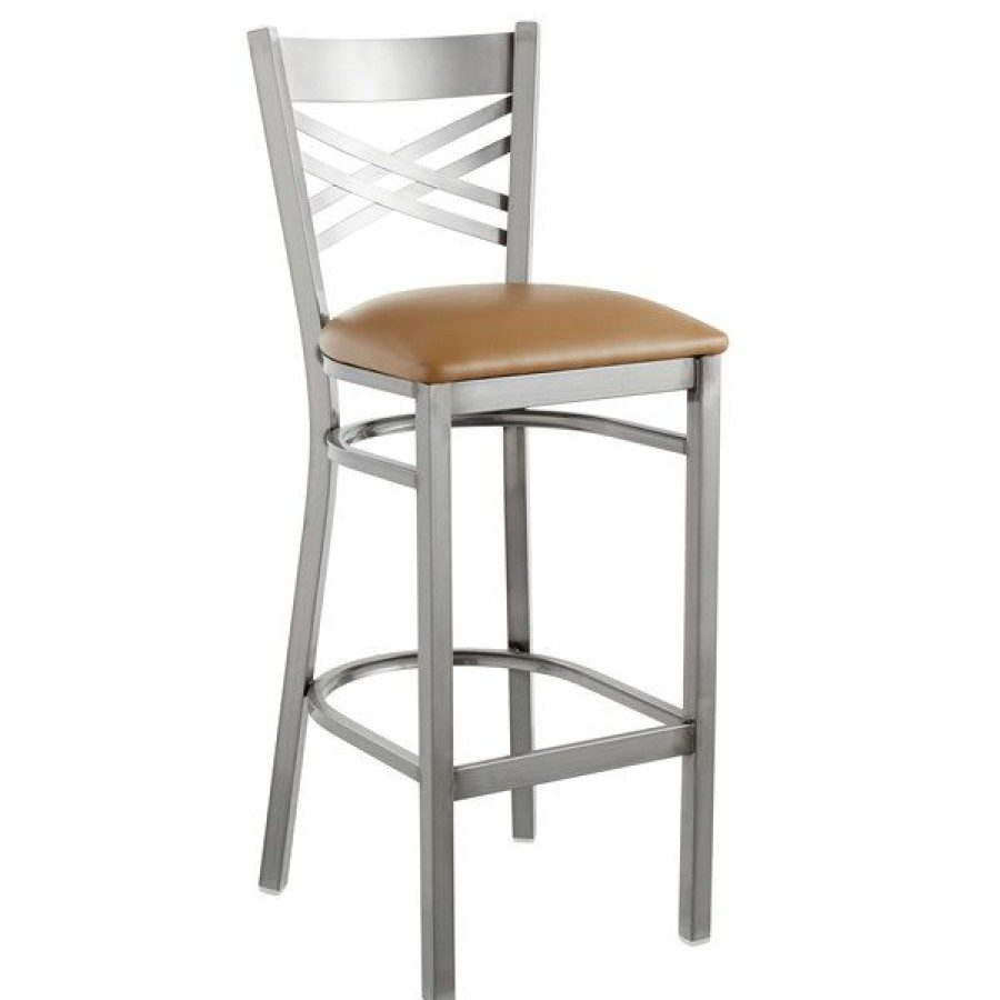 Restaurant Bar Stools * | Discount Lancaster Table & Seating Clear Coat Steel Cross Back Bar Height Chair With 2 1/2 Light Brown Vinyl Seat