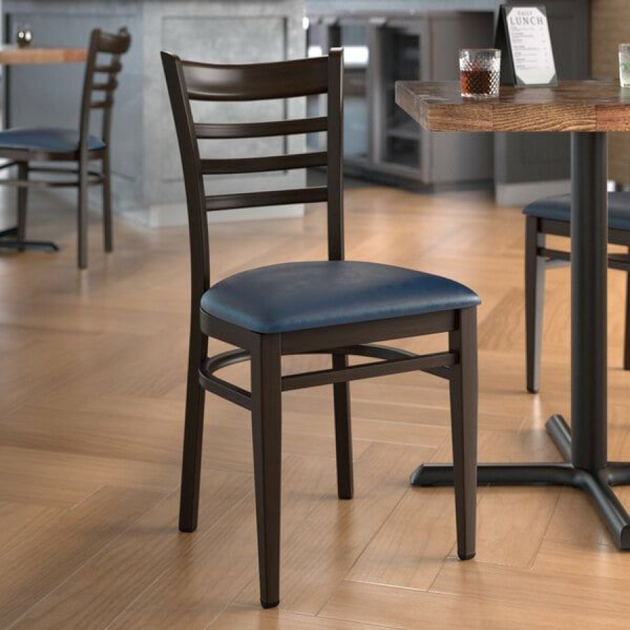 Restaurant Chairs * | Cheapest Lt&S Spartan Series Lancaster Table & Seating Spartan Series Metal Ladder Back Chair With Walnut Wood Grain Finish And Navy Vinyl Seat