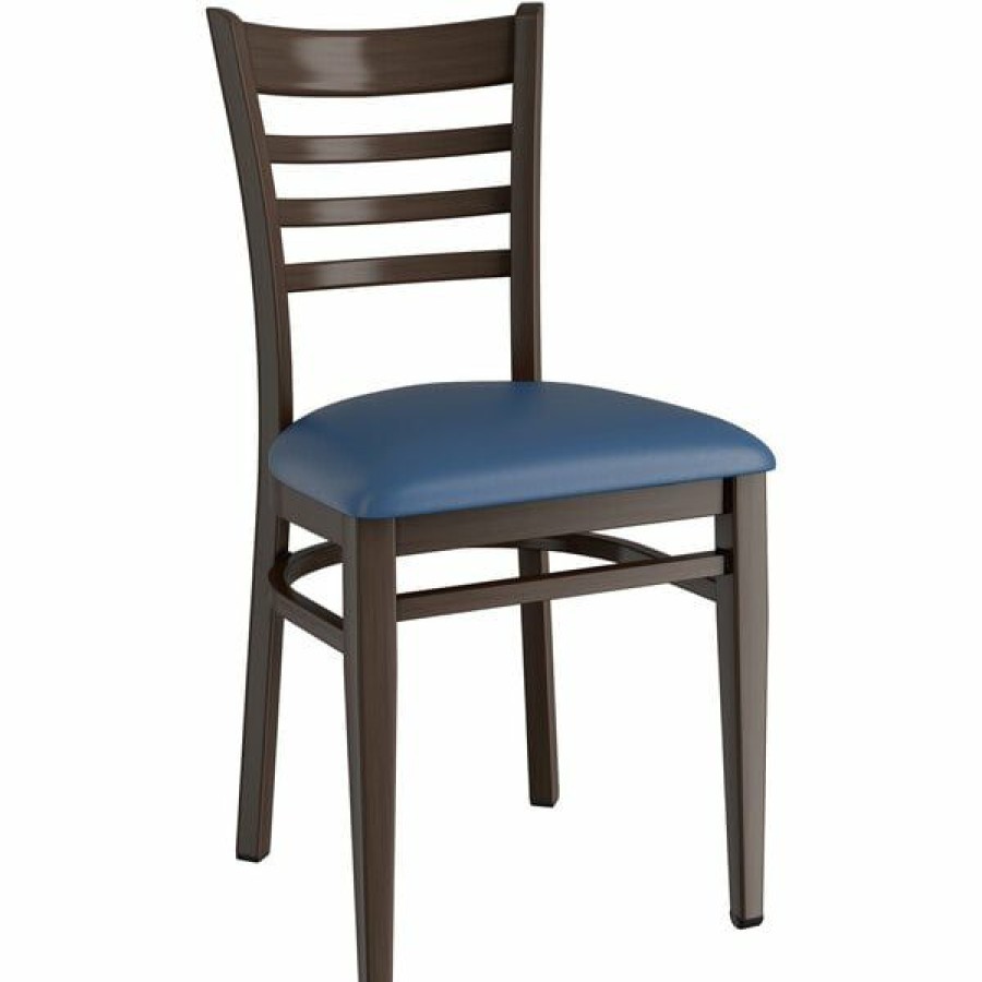 Restaurant Chairs * | Cheapest Lt&S Spartan Series Lancaster Table & Seating Spartan Series Metal Ladder Back Chair With Walnut Wood Grain Finish And Navy Vinyl Seat