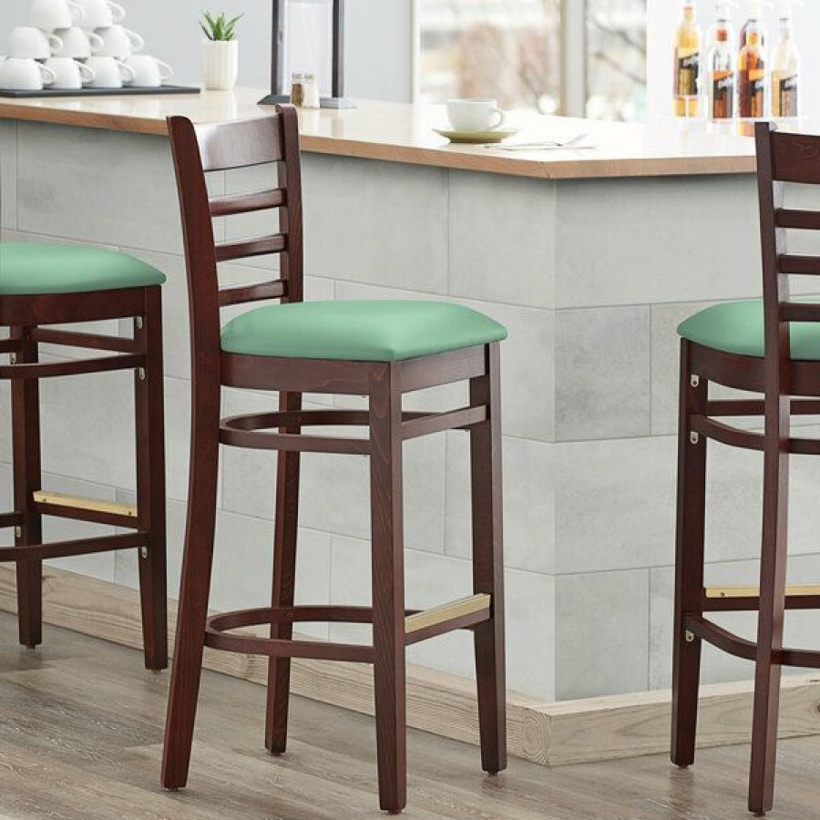 Restaurant Bar Stools * | Best Sale Lancaster Table & Seating Mahogany Finish Wooden Ladder Back Bar Height Chair With Seafoam Padded Seat