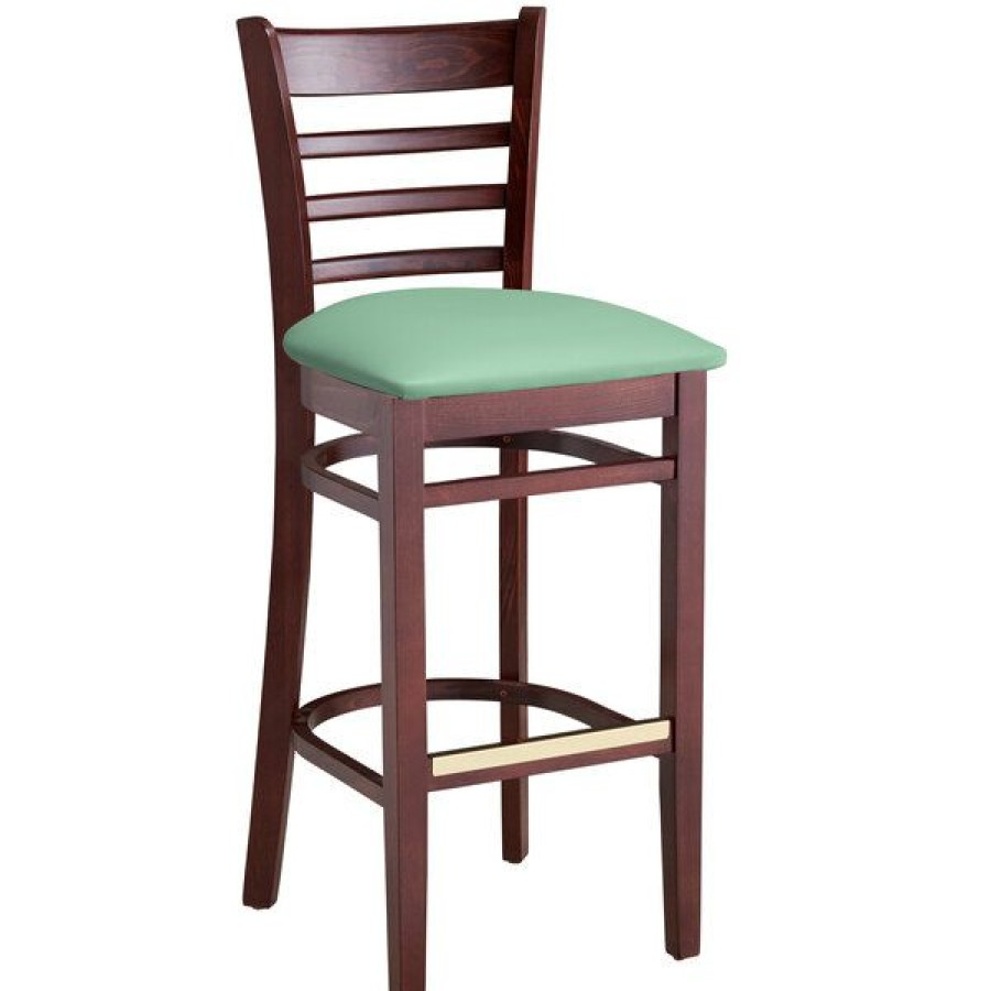 Restaurant Bar Stools * | Best Sale Lancaster Table & Seating Mahogany Finish Wooden Ladder Back Bar Height Chair With Seafoam Padded Seat