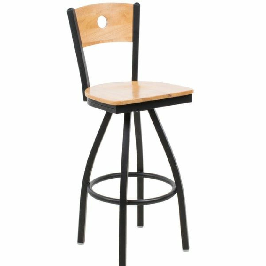 Restaurant Bar Stools * | Best Sale Bfm Seating 2152Sntw-Ntsb Darby Sand Black Metal Bar Height Chair With Natural Wooden Back And Swivel Seat