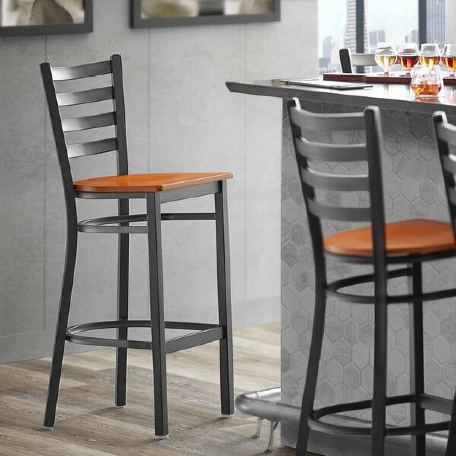 Restaurant Bar Stools * | Buy Lancaster Table & Seating Black Frame Ladder Back Bar Height Chair With Cherry Wood Seat