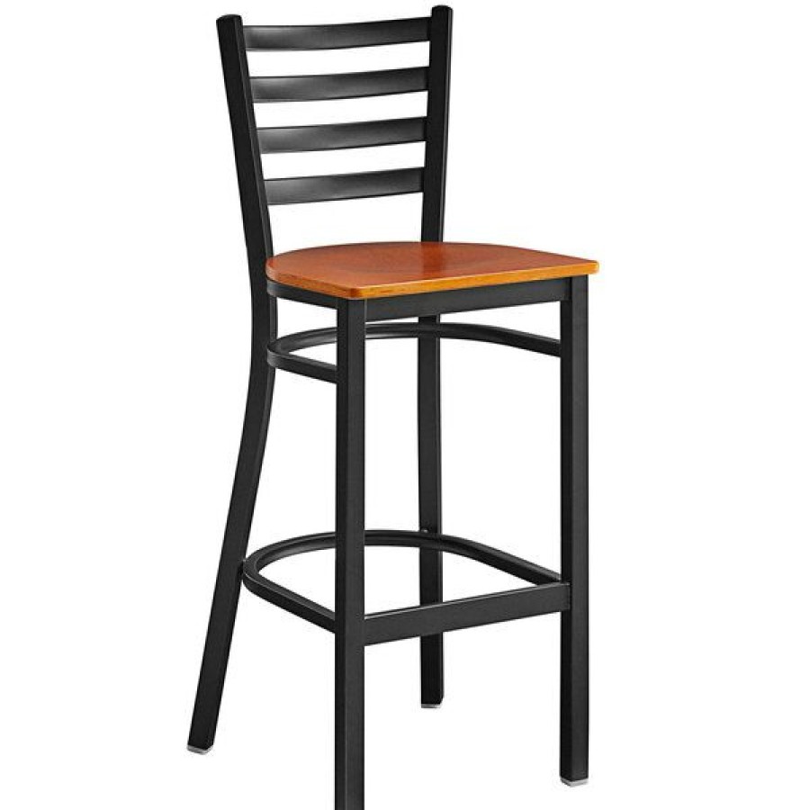 Restaurant Bar Stools * | Buy Lancaster Table & Seating Black Frame Ladder Back Bar Height Chair With Cherry Wood Seat