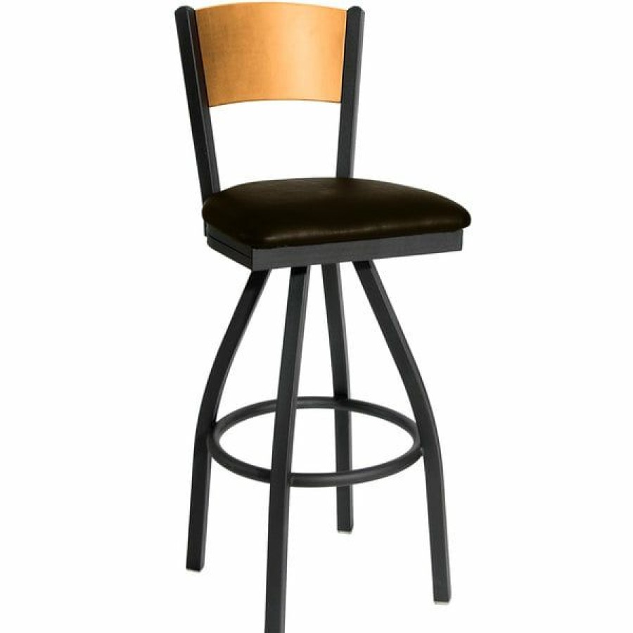 Restaurant Bar Stools * | Promo Bfm Seating 2150Sdbv-Ntsb Dale Sand Black Metal Swivel Bar Height Chair With Natural Finish Wooden Back And 2 Dark Brown Vinyl Seat