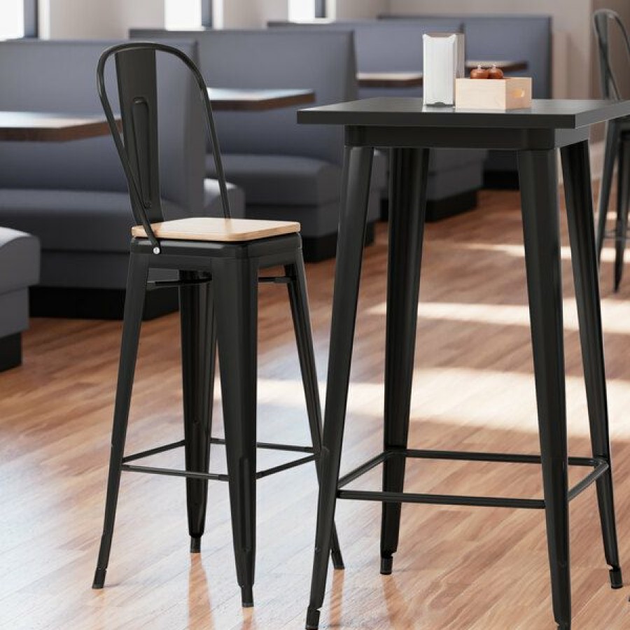 Restaurant Bar Stools * | Budget Lt&S Alloy Series Lancaster Table & Seating Alloy Series Black Metal Indoor Industrial Cafe Bar Height Stool With Vertical Slat Back And Natural Wood Seat