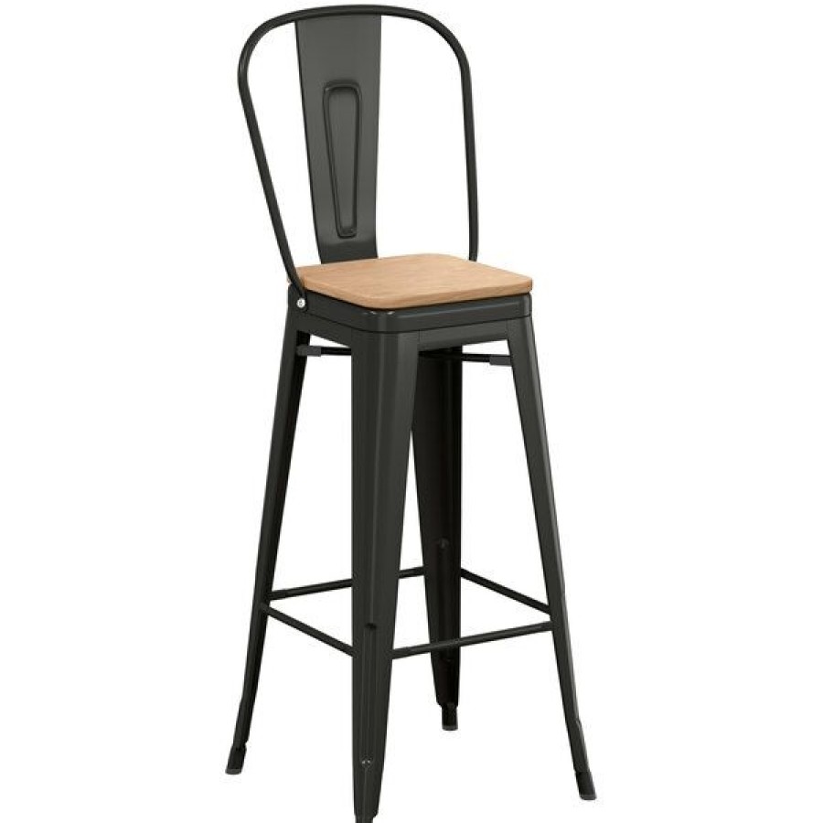 Restaurant Bar Stools * | Budget Lt&S Alloy Series Lancaster Table & Seating Alloy Series Black Metal Indoor Industrial Cafe Bar Height Stool With Vertical Slat Back And Natural Wood Seat