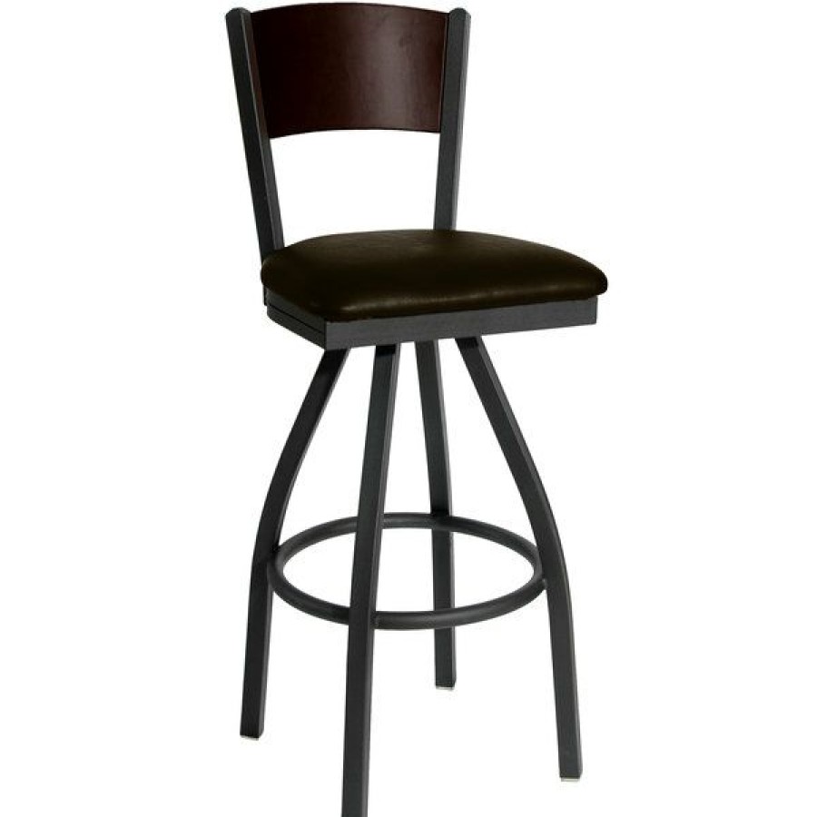 Restaurant Bar Stools * | Cheapest Bfm Seating 2150Sdbv-Wasb Dale Sand Black Metal Swivel Bar Height Chair With Walnut Finish Wooden Back And 2 Dark Brown Vinyl Seat