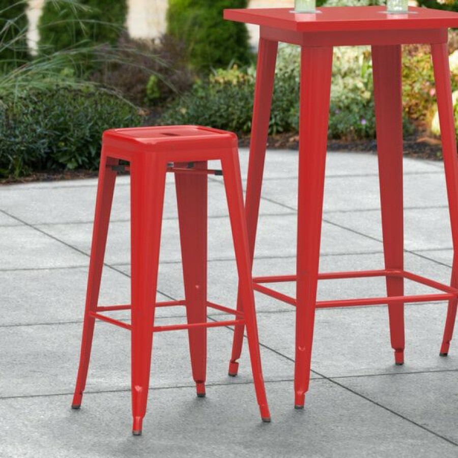 Outdoor Restaurant Bar Stools * | Outlet Lt&S Alloy Series Lancaster Table & Seating Alloy Series Red Stackable Metal Indoor / Outdoor Industrial Barstool With Drain Hole Seat