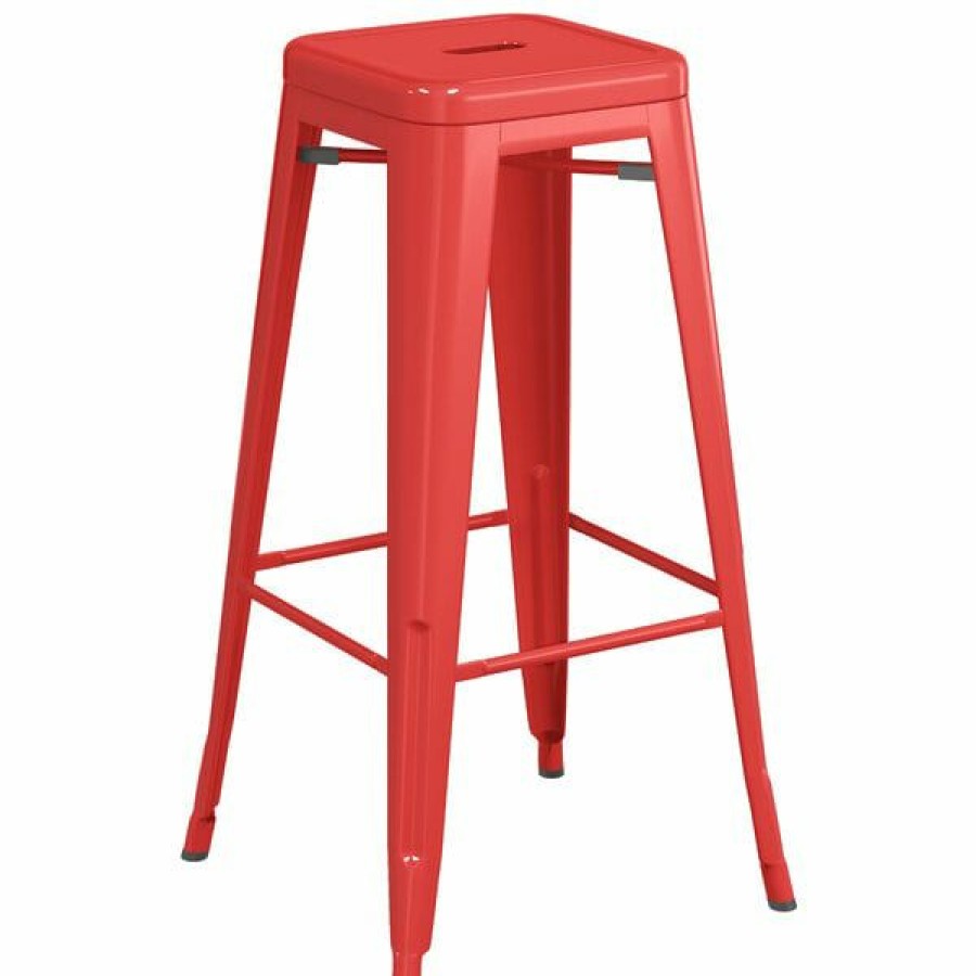 Outdoor Restaurant Bar Stools * | Outlet Lt&S Alloy Series Lancaster Table & Seating Alloy Series Red Stackable Metal Indoor / Outdoor Industrial Barstool With Drain Hole Seat