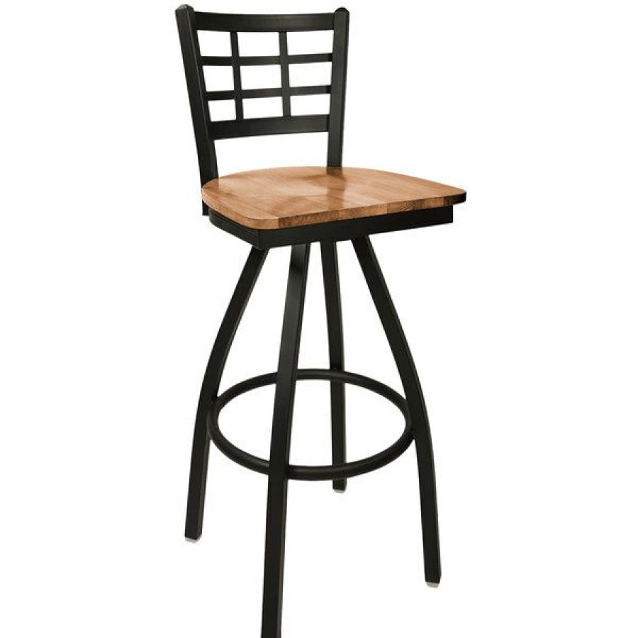 Restaurant Bar Stools * | Top 10 Bfm Seating 2163Sash-Sb Marietta Sand Black Metal Swivel Bar Height Chair With Autumn Ash Wood Seat