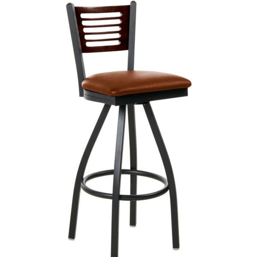 Restaurant Bar Stools * | Best Sale Bfm Seating 2151Slbv-Wasb Espy Sand Black Metal Bar Height Chair With Walnut Wooden Back And 2 Light Brown Vinyl Swivel Seat