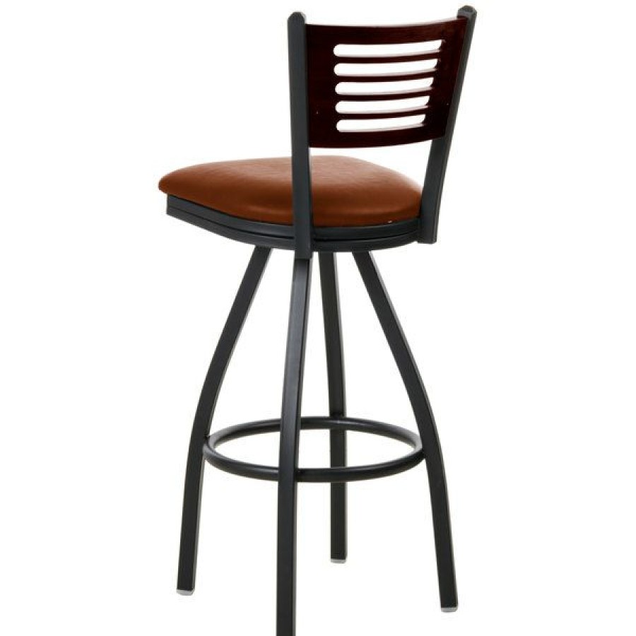 Restaurant Bar Stools * | Best Sale Bfm Seating 2151Slbv-Wasb Espy Sand Black Metal Bar Height Chair With Walnut Wooden Back And 2 Light Brown Vinyl Swivel Seat