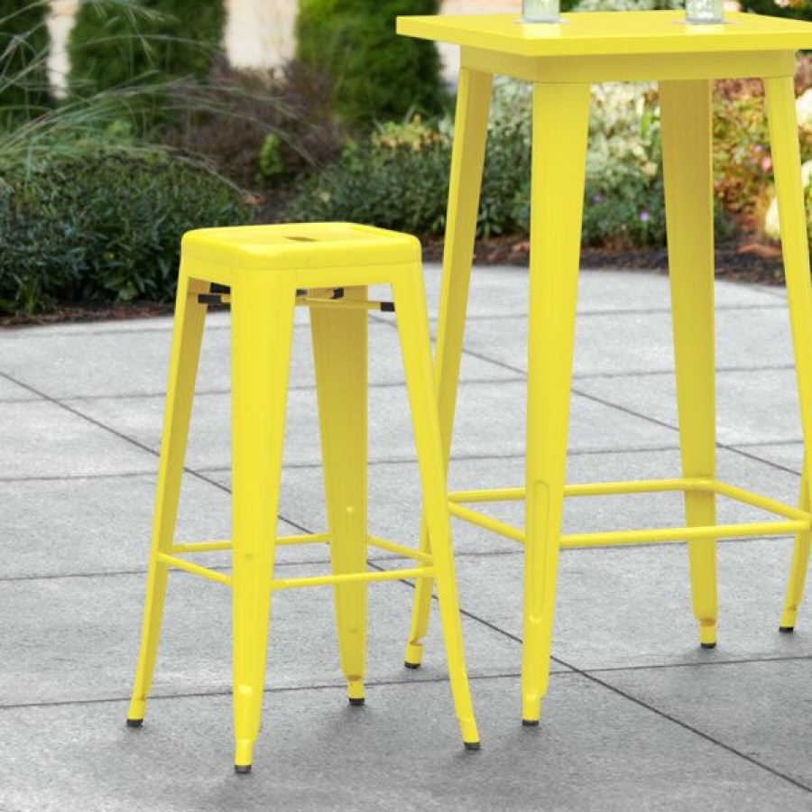 Outdoor Restaurant Bar Stools * | Discount Lt&S Alloy Series Lancaster Table & Seating Alloy Series Yellow Stackable Metal Indoor / Outdoor Industrial Barstool With Drain Hole Seat