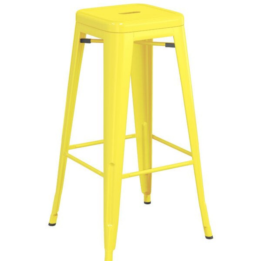 Outdoor Restaurant Bar Stools * | Discount Lt&S Alloy Series Lancaster Table & Seating Alloy Series Yellow Stackable Metal Indoor / Outdoor Industrial Barstool With Drain Hole Seat