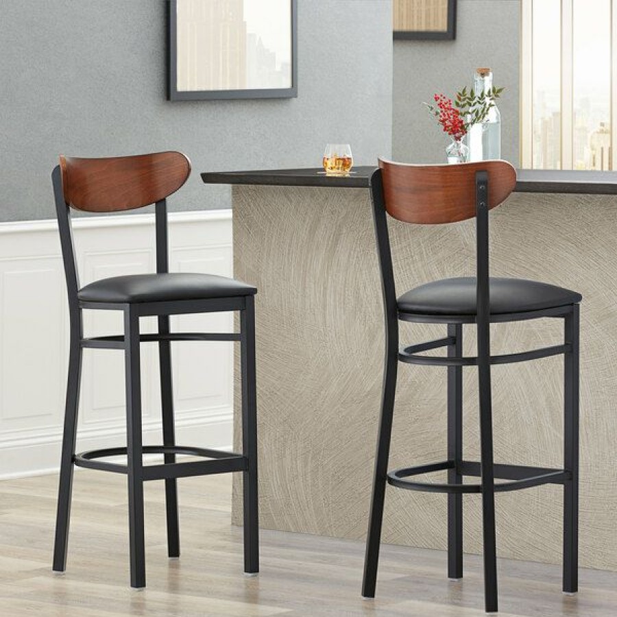 Restaurant Bar Stools * | Hot Sale Lt&S Boomerang Series Lancaster Table & Seating Boomerang Bar Height Black Chair With Black Vinyl Seat And Antique Walnut Back