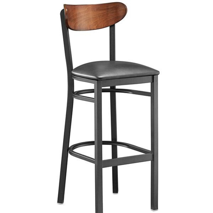 Restaurant Bar Stools * | Hot Sale Lt&S Boomerang Series Lancaster Table & Seating Boomerang Bar Height Black Chair With Black Vinyl Seat And Antique Walnut Back