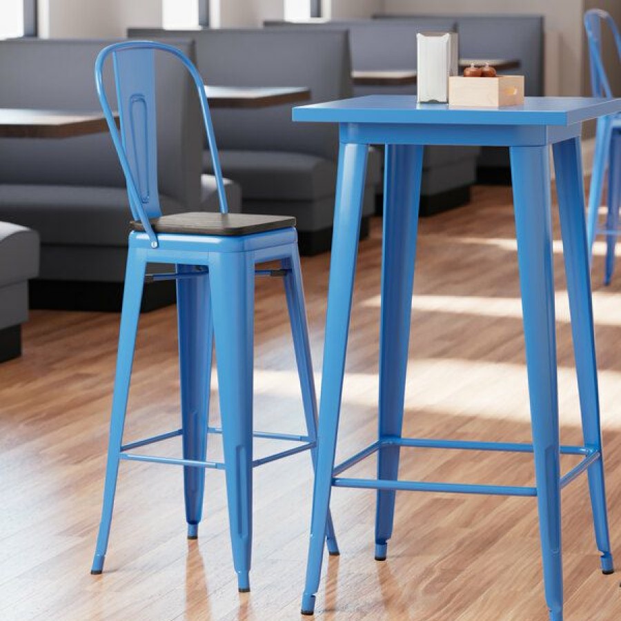 Restaurant Bar Stools * | Outlet Lt&S Alloy Series Lancaster Table & Seating Alloy Series Blue Metal Indoor Industrial Cafe Bar Height Stool With Vertical Slat Back And Black Wood Seat