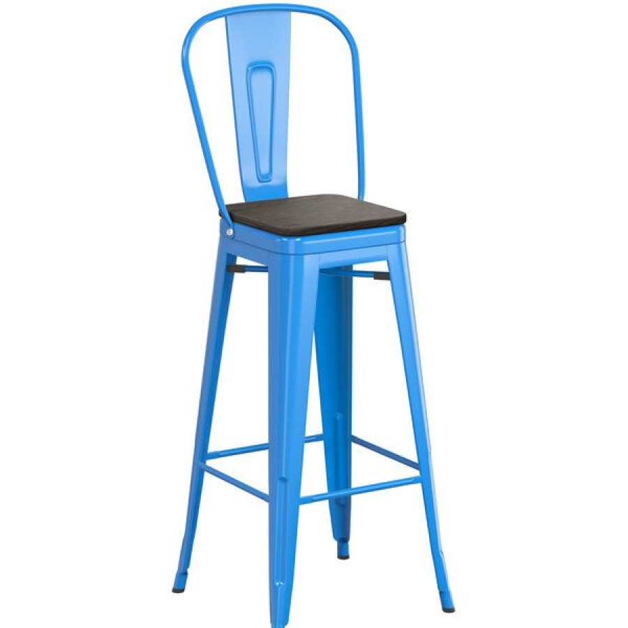 Restaurant Bar Stools * | Outlet Lt&S Alloy Series Lancaster Table & Seating Alloy Series Blue Metal Indoor Industrial Cafe Bar Height Stool With Vertical Slat Back And Black Wood Seat