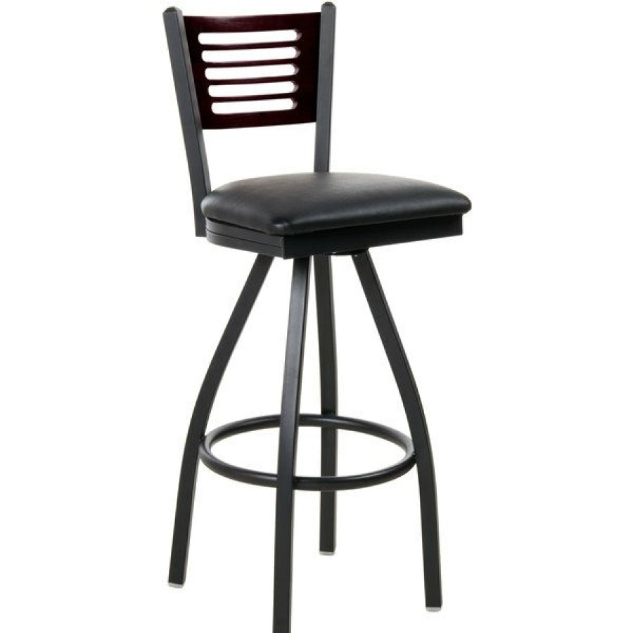 Restaurant Bar Stools * | Best Deal Bfm Seating 2151Sblv-Mhsb Espy Sand Black Metal Bar Height Chair With Mahogany Wooden Back And 2 Black Vinyl Swivel Seat