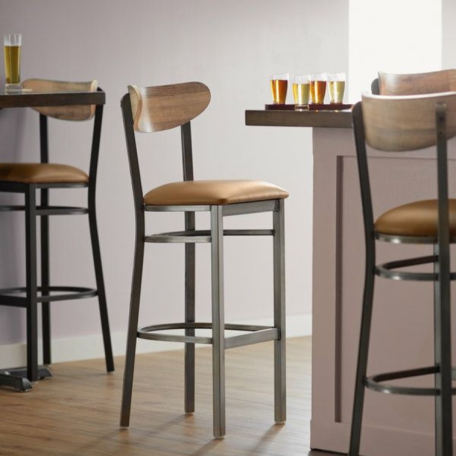 Restaurant Bar Stools * | Flash Sale Lt&S Boomerang Series Lancaster Table & Seating Boomerang Bar Height Clear Coat Chair With Light Brown Vinyl Seat And Driftwood Back